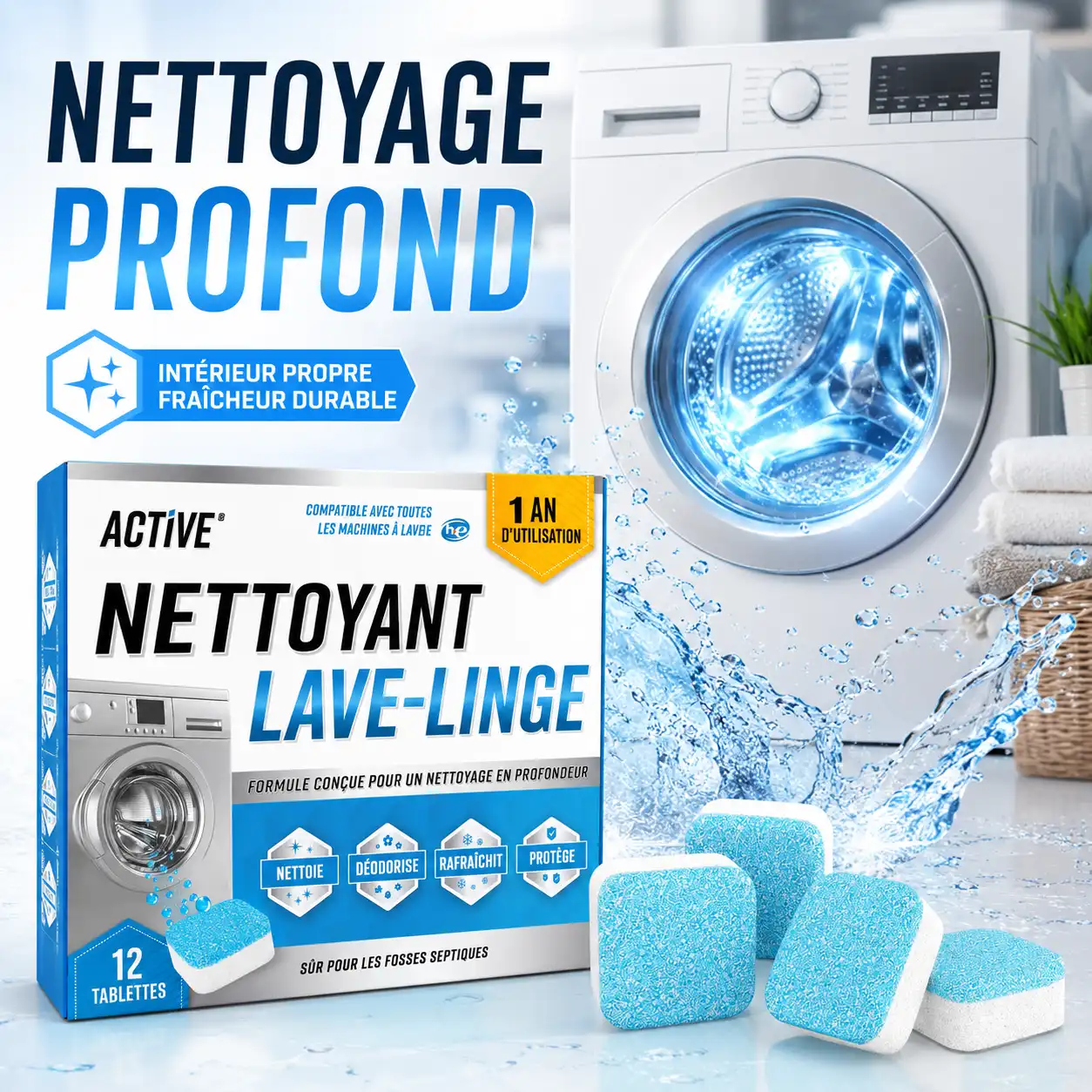 LavePure Pro™ – Tablettes Nettoyantes Lave-Linge 12 Pièces 🧼💧